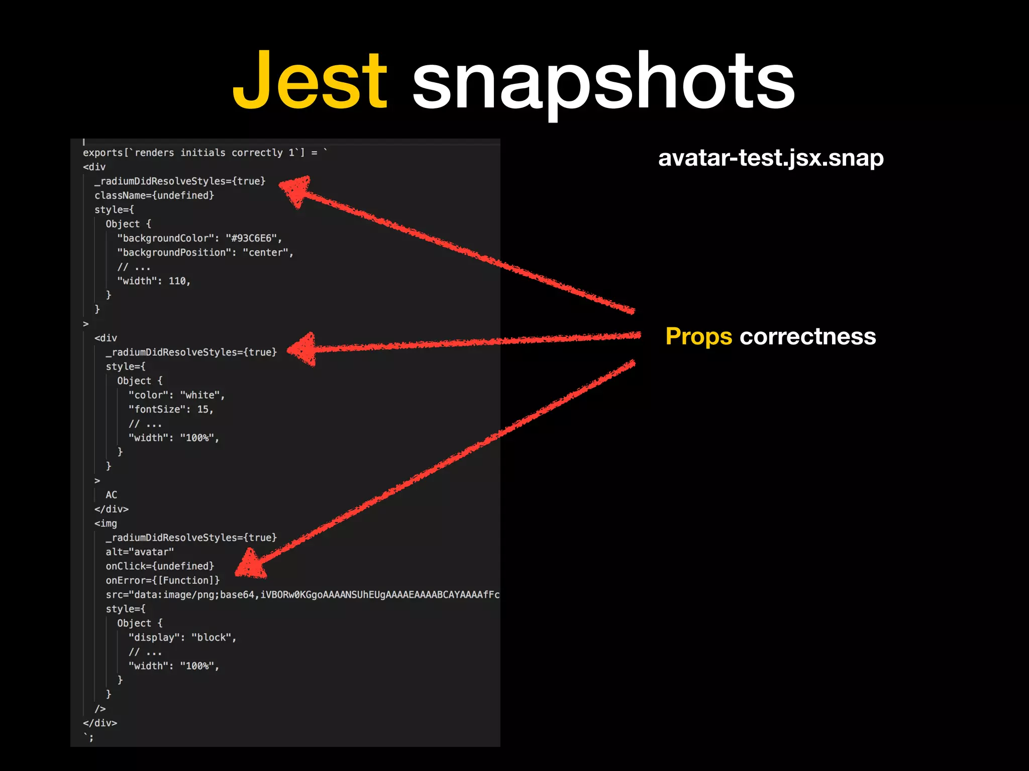 Jest snapshots
Props correctness
avatar-test.jsx.snap
 