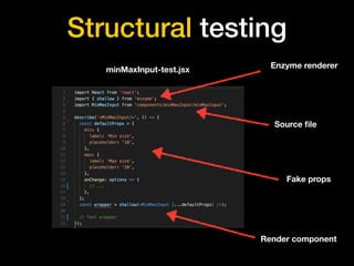 Structural testing
minMaxInput-test.jsx
Enzyme renderer
Source ﬁle
Fake props
Render component
 