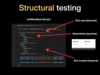 Structural testing
minMaxInput-test.jsx
Test case (jasmine)
Expectation (jasmine)
Test content (enzyme)
 