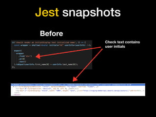 Jest snapshots
Check text contains
user initials
Before
 