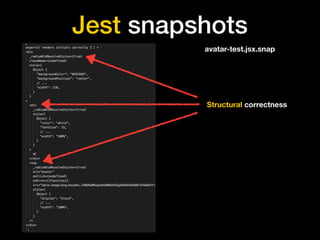 Jest snapshots
Structural correctness
avatar-test.jsx.snap
 