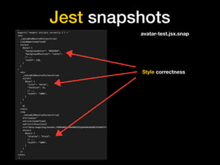 Jest snapshots
Style correctness
avatar-test.jsx.snap
 