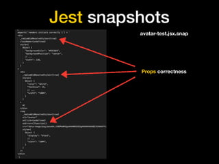 Jest snapshots
Props correctness
avatar-test.jsx.snap
 