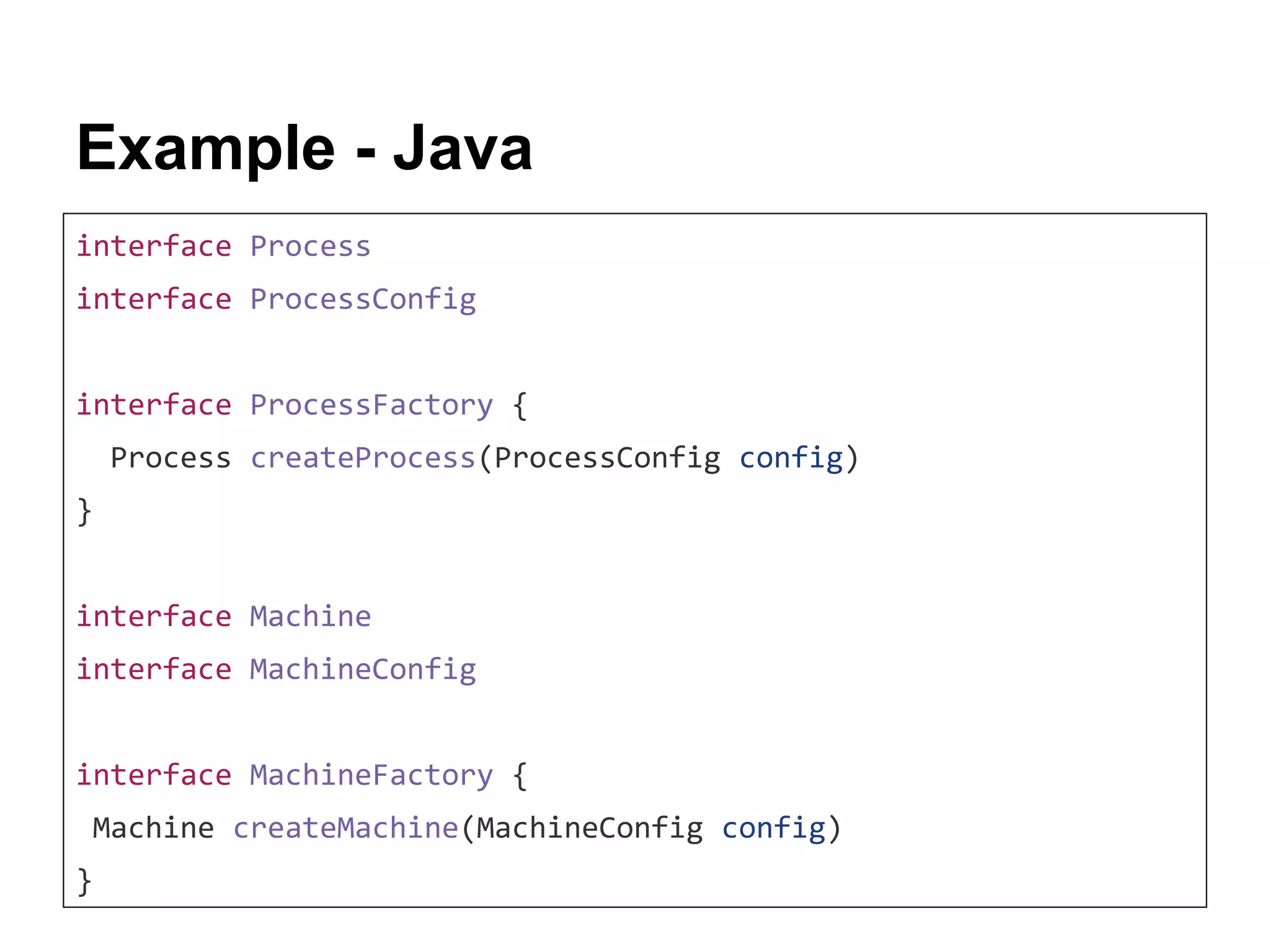 Example - Java interface Process interface ProcessConfig interface ProcessFactory { Process createProcess(ProcessConfig config) } interface Machine interface MachineConfig interface MachineFactory { Machine createMachine(MachineConfig config) } 