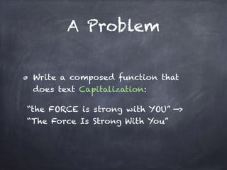 A Problem
Write a composed function that
does text Capitalization:
“the FORCE is strong with YOU” —> 
“The Force Is Strong With You”
 