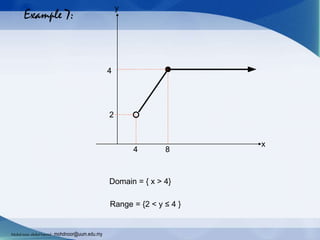 84
2
4
Example 7:
Domain = { x > 4}
Range = {2 < y ≤ 4 }
x
y
Mohdnoorabdulhamid : mohdnoor@uum.edu.my
 