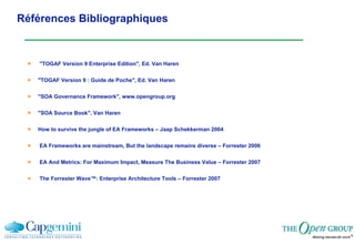 Références Bibliographiques "TOGAF Version 9 Enterprise Edition", Ed. Van Haren "TOGAF Version 9 : Guide de Poche", Ed. Van Haren "SOA Governance Framework", www.opengroup.org "SOA Source Book", Van Haren How to survive the jungle of EA Frameworks – Jaap Schekkerman 2004 EA Frameworks are mainstream, But the landscape remains diverse – Forrester 2006 EA And Metrics: For Maximum Impact, Measure The Business Value – Forrester 2007 The Forrester Wave™: Enterprise Architecture Tools – Forrester 2007 