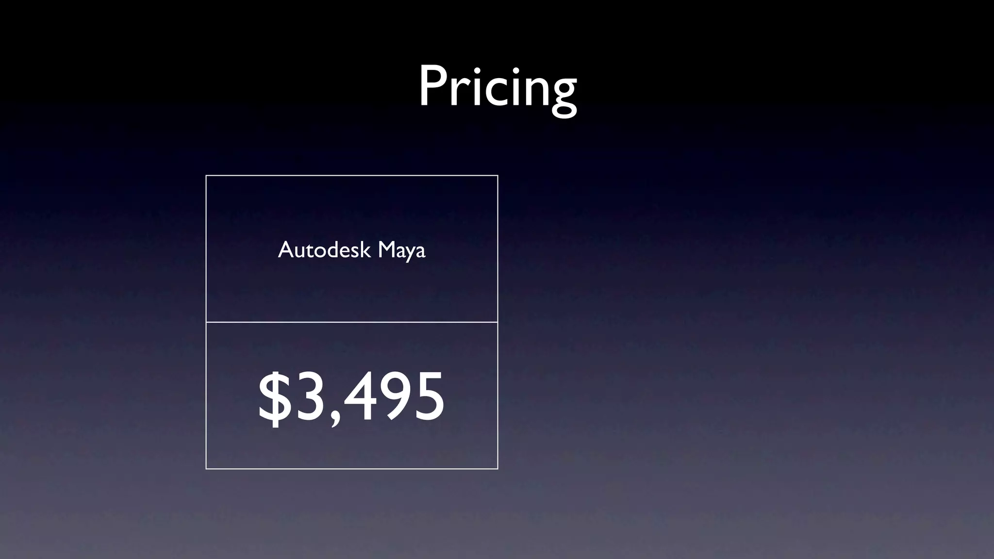 Pricing

                Autodesk Maya through free
Autodesk Maya
                     Student Program




$3,495               FREE
 