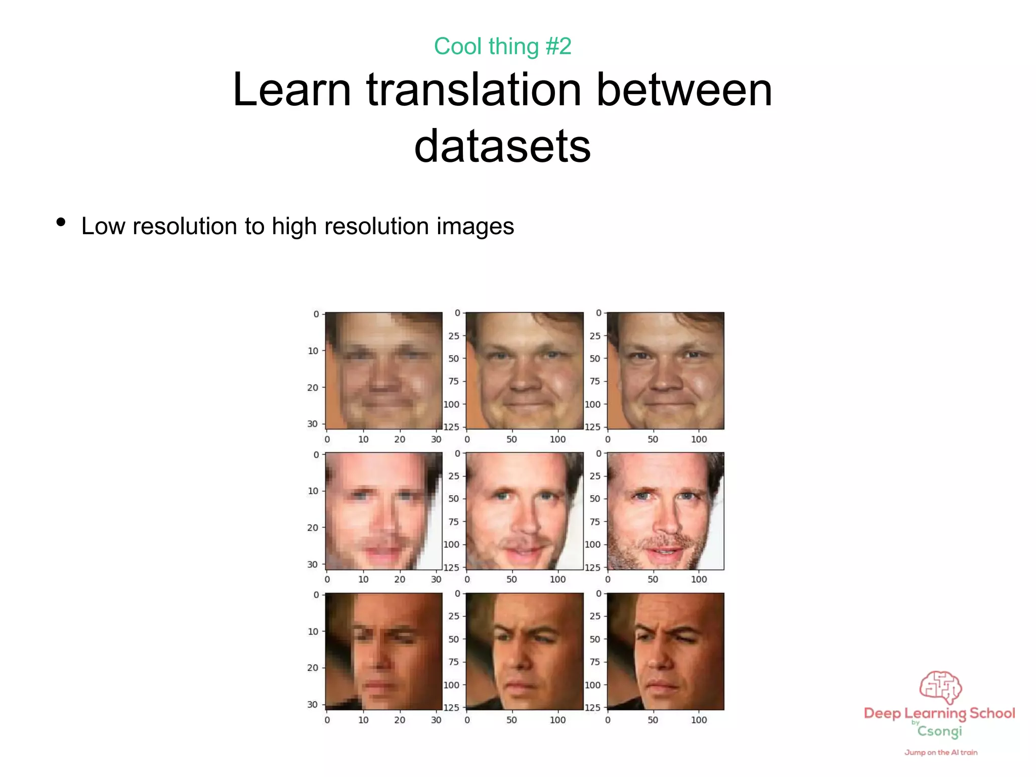 Cool thing #2
Learn translation between
datasets
• Low resolution to high resolution images
 