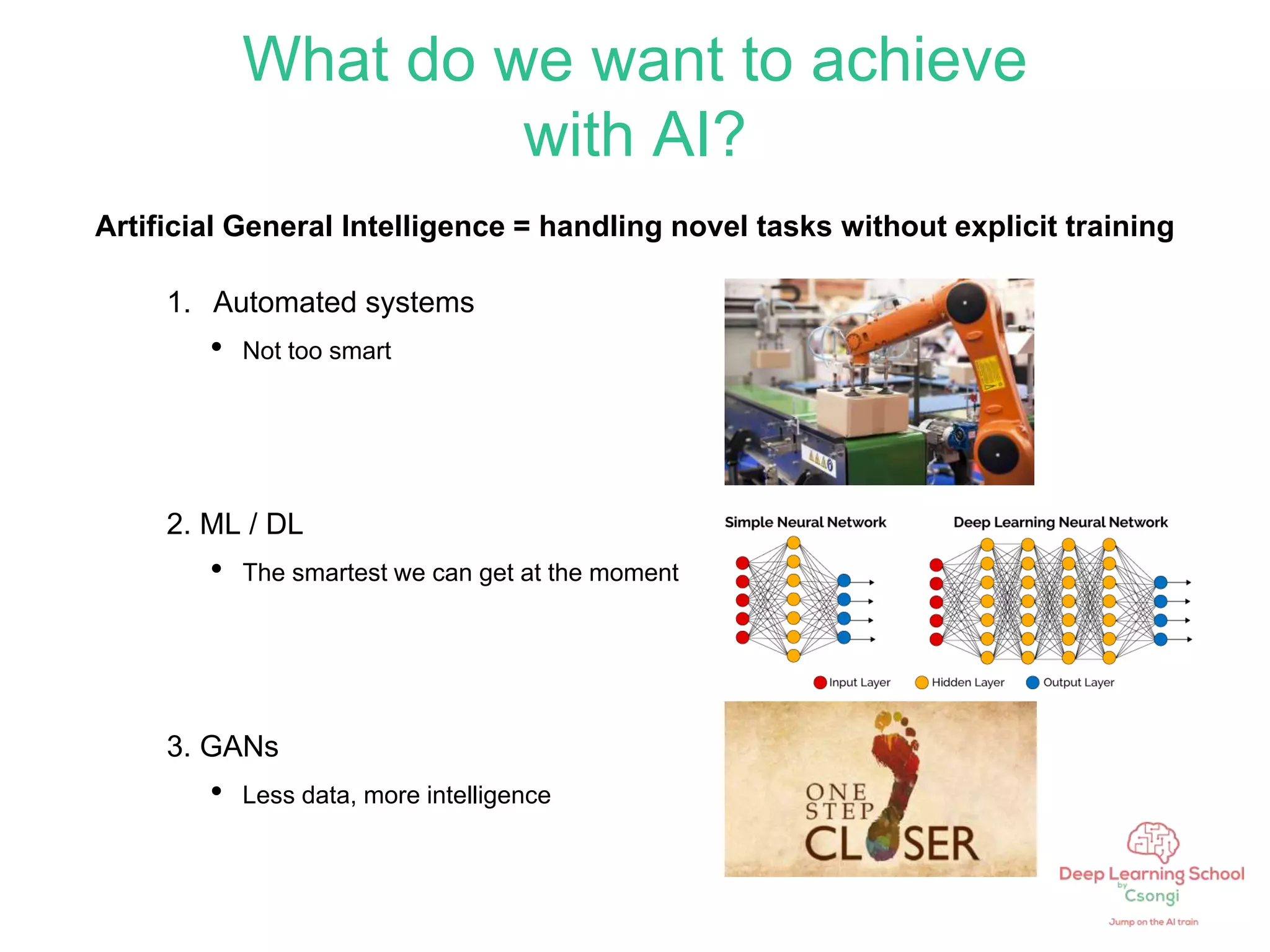 What do we want to achieve
with AI?
1. Automated systems
• Not too smart
Artificial General Intelligence = handling novel tasks without explicit training
2. ML / DL
• The smartest we can get at the moment
3. GANs
• Less data, more intelligence
 