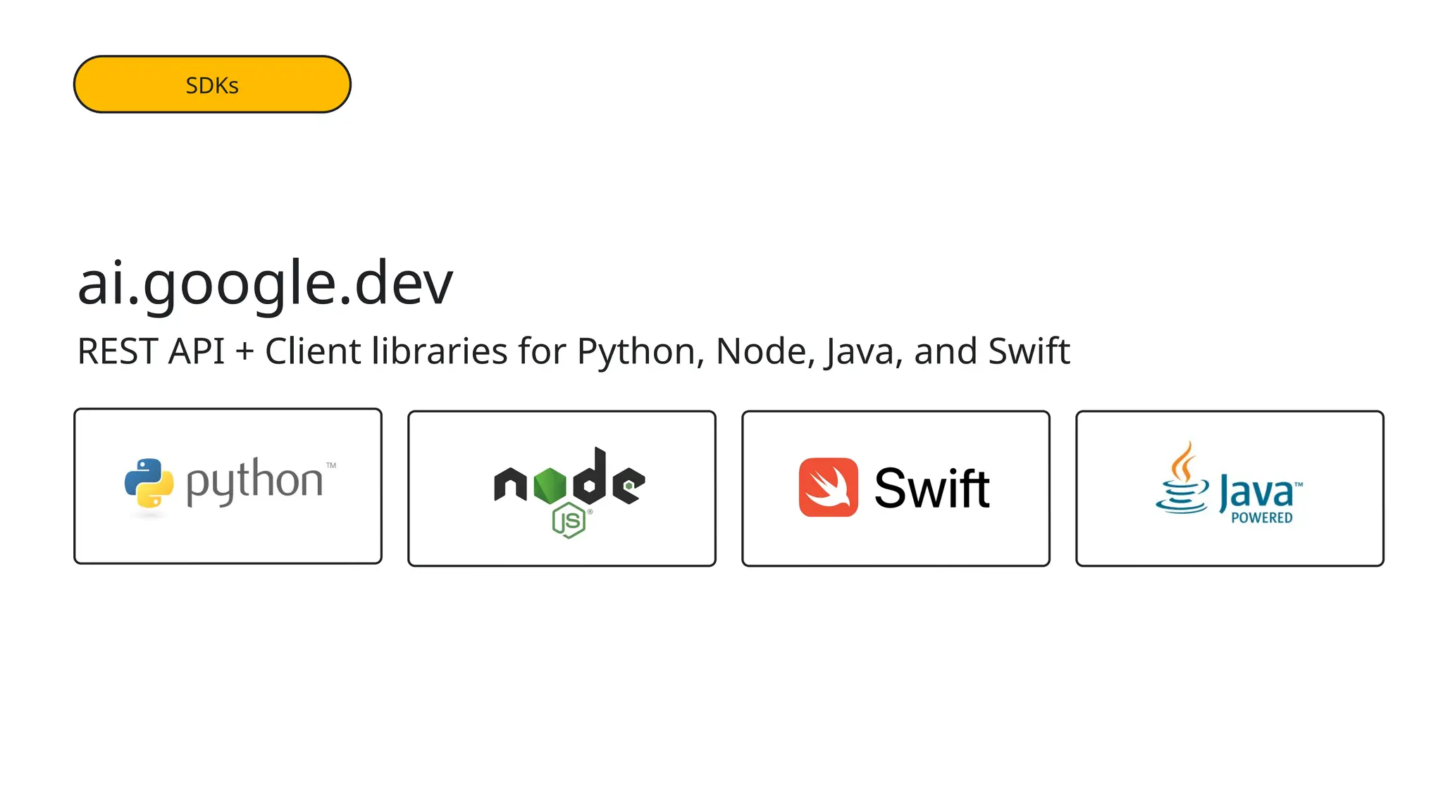 ai.google.dev
REST API + Client libraries for Python, Node, Java, and Swift
Libraries
Libraries
SDKs
 