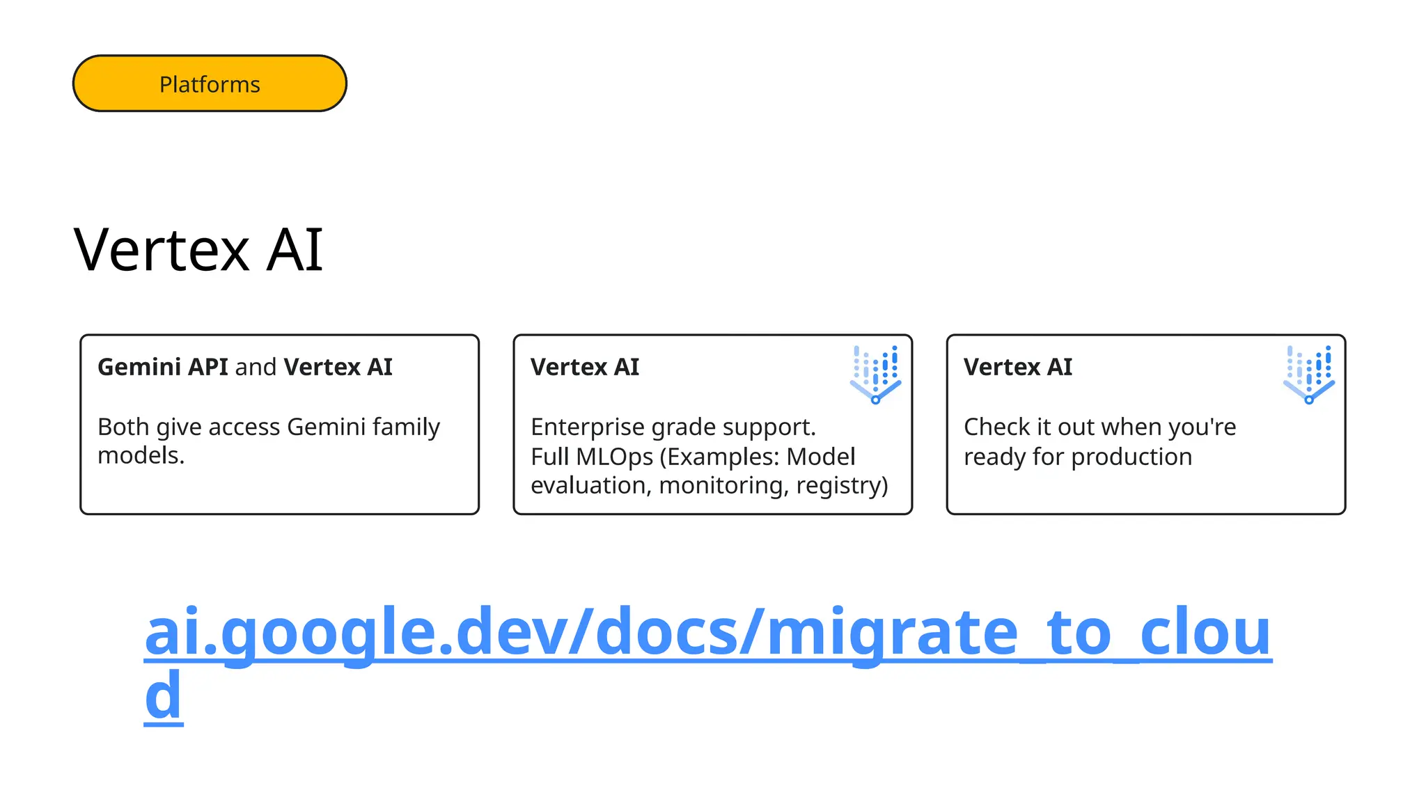 Vertex AI
Enterprise grade support.
Full MLOps (Examples: Model
evaluation, monitoring, registry)
Vertex AI
Check it out when you're
ready for production
Gemini API and Vertex AI
Both give access Gemini family
models.
Vertex AI
Cloud Production
ai.google.dev/docs/migrate_to_clou
d
PlatfoEndpoints
rms
Platforms
Platforms
 