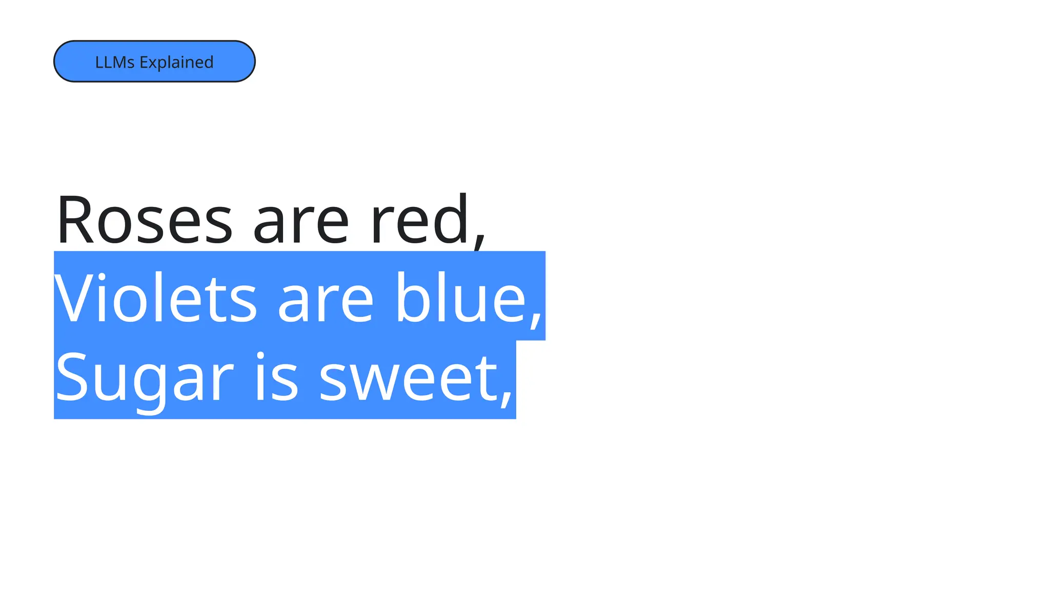 Roses are red,
Violets are blue,
Sugar is sweet,
LLMs Explained
 