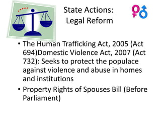 State Actions:
               Legal Reform

• The Human Trafficking Act, 2005 (Act
  694)Domestic Violence Act, 2007 (Act
  732): Seeks to protect the populace
  against violence and abuse in homes
  and institutions
• Property Rights of Spouses Bill (Before
  Parliament)
 
