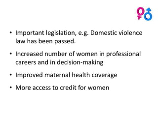 • Important legislation, e.g. Domestic violence
  law has been passed.
• Increased number of women in professional
  careers and in decision-making
• Improved maternal health coverage
• More access to credit for women
 