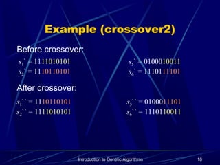 Introduction to Genetic Algorithms 18
Example (crossover2)
s1` = 1111010101
s2` = 1110110101
s5` = 0100010011
s6` = 1110111101
Before crossover:
After crossover:
s1`` = 1110110101
s2`` = 1111010101
s5`` = 0100011101
s6`` = 1110110011
 