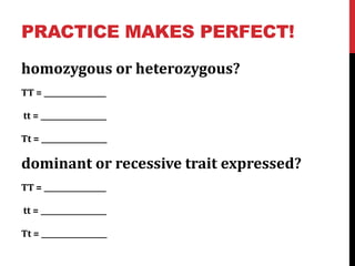 PRACTICE MAKES PERFECT!

homozygous or heterozygous?
TT = _________________

tt = __________________

Tt = __________________

dominant or recessive trait expressed?
TT = _________________

tt = __________________

Tt = __________________
 