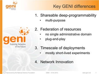 Sponsored by the National Science Foundation 7GENI – 8 Oct 2013 www.geni.net
Key GENI differences
1. Shareable deep-programmability
• multi-purpose
2. Federation of resources
• no single administrative domain
• plug-and-play
3. Timescale of deployments
• mostly short-lived experiments
4. Network Innovation
 
