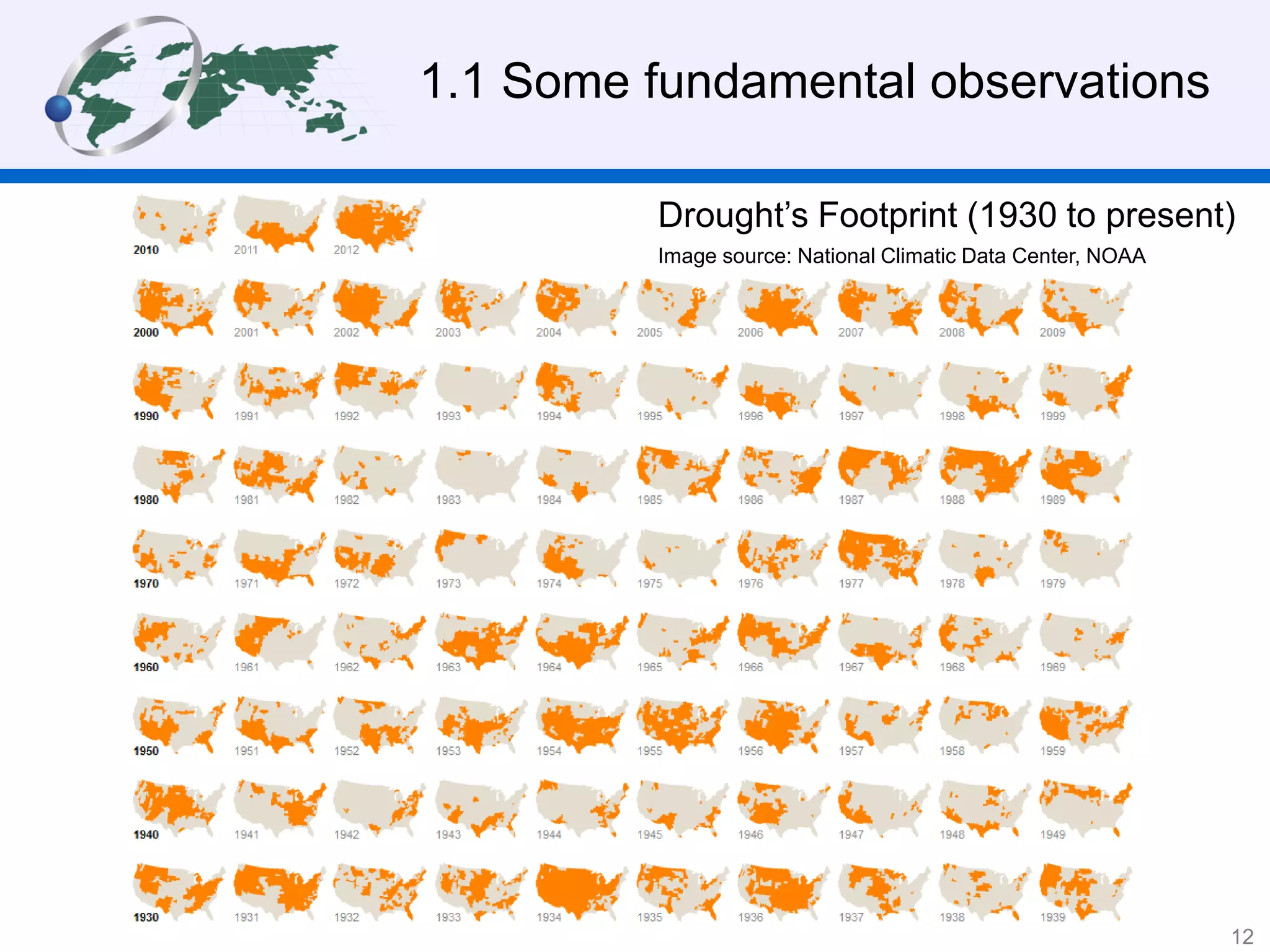 1.1 Some fundamental observations
Drought’s Footprint (1930 to present)
Image source: National Climatic Data Center, NOAA
12
 