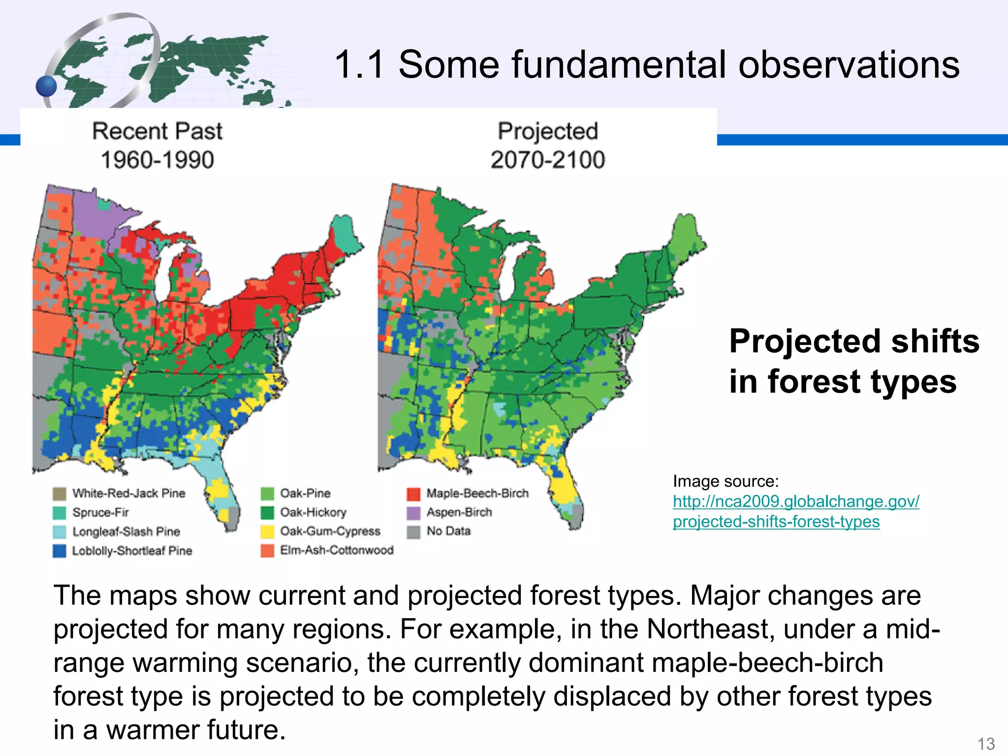 1.1 Some fundamental observations
The maps show current and projected forest types. Major changes are
projected for many regions. For example, in the Northeast, under a mid-
range warming scenario, the currently dominant maple-beech-birch
forest type is projected to be completely displaced by other forest types
in a warmer future.
Projected shifts
in forest types
Image source:
http://nca2009.globalchange.gov/
projected-shifts-forest-types
13
 