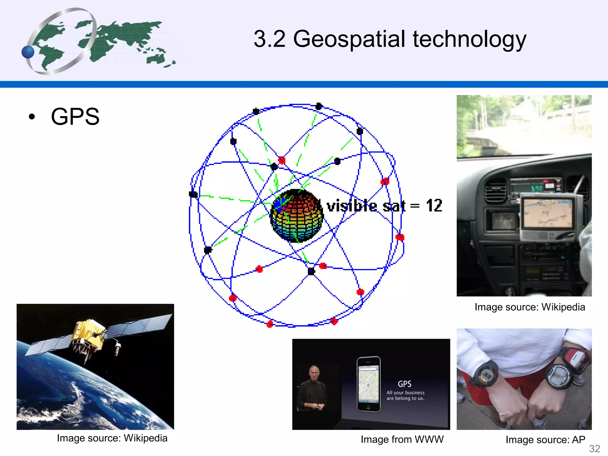 • GPS
3.2 Geospatial technology
Image source: AP
Image source: Wikipedia
Image from WWWImage source: Wikipedia
32
 