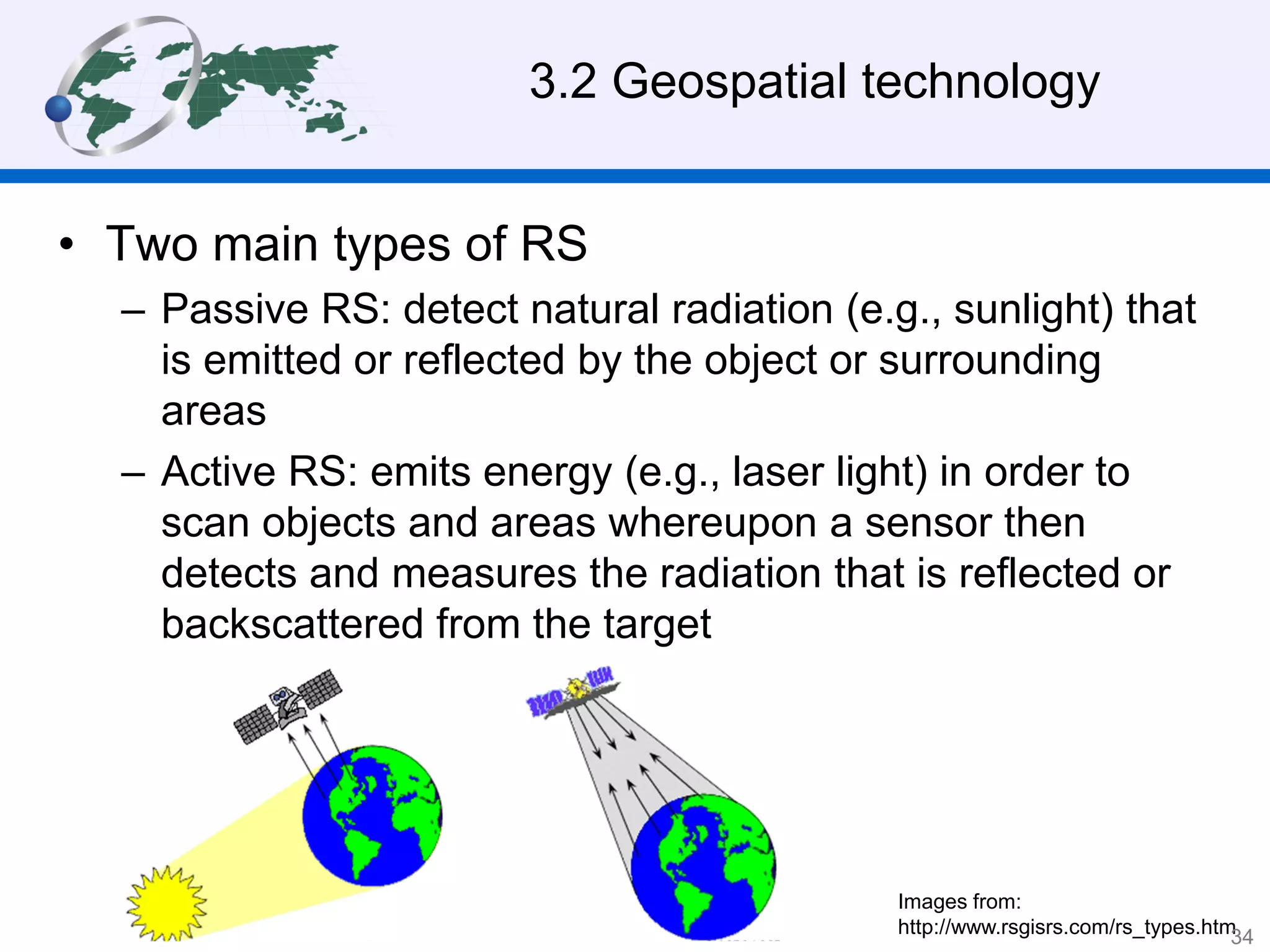 3.2 Geospatial technology
• Two main types of RS
– Passive RS: detect natural radiation (e.g., sunlight) that
is emitted or reflected by the object or surrounding
areas
– Active RS: emits energy (e.g., laser light) in order to
scan objects and areas whereupon a sensor then
detects and measures the radiation that is reflected or
backscattered from the target
Images from:
http://www.rsgisrs.com/rs_types.htm34
 