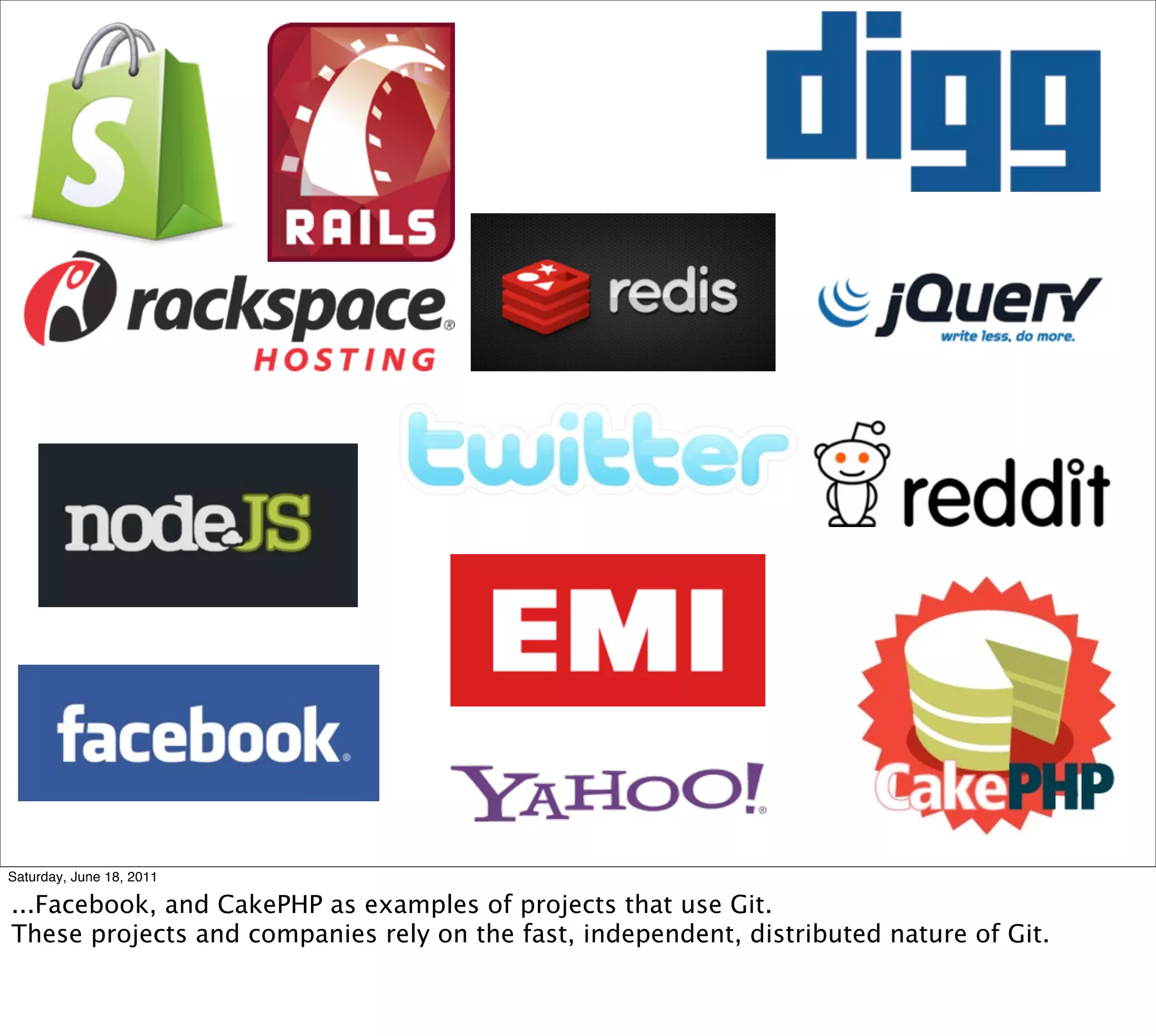 Saturday, June 18, 2011

...Facebook, and CakePHP as examples of projects that use Git.
These projects and companies rely on the fast, independent, distributed nature of Git.
 