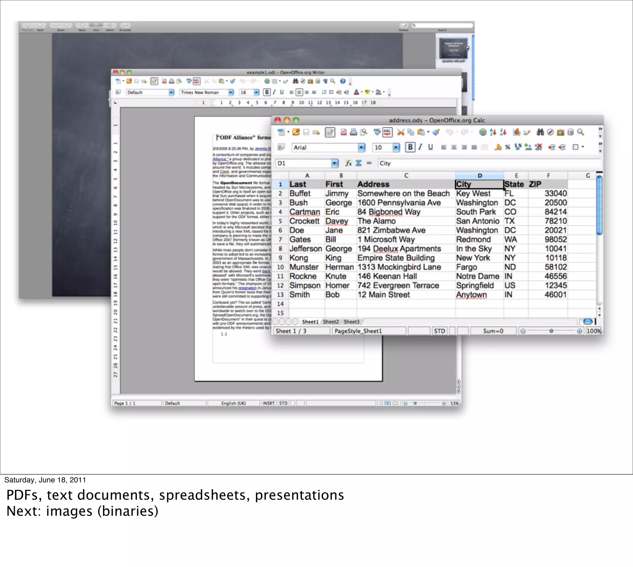 Saturday, June 18, 2011

PDFs, text documents, spreadsheets, presentations
Next: images (binaries)
 
