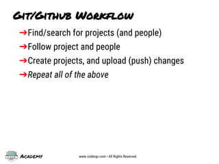 Academy www.codergv.com • All Rights Reserved
Git/Github Workflow
➔Find/search for projects (and people)
➔Follow project and people
➔Create projects, and upload (push) changes
➔Repeat all of the above
 