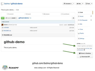 Academy www.codergv.com • All Rights Reserved
github.com/ibolmo/github-demo
 