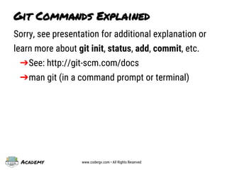 Academy www.codergv.com • All Rights Reserved
Git Commands Explained
Sorry, see presentation for additional explanation or
learn more about git init, status, add, commit, etc.
➔See: http://git-scm.com/docs
➔man git (in a command prompt or terminal)
 
