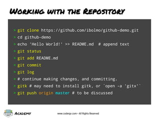 Academy www.codergv.com • All Rights Reserved
Working with the Repository
> git clone https://github.com/ibolmo/github-demo.git
> cd github-demo
> echo 'Hello World!' >> README.md # append text
> git status
> git add README.md
> git commit
> git log
> # continue making changes, and committing.
> gitk # may need to install gitk, or `open -a 'gitx'`
> git push origin master # to be discussed
 
