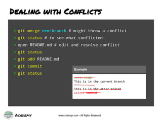 Academy www.codergv.com • All Rights Reserved
> git merge new-branch # might throw a conflict
> git status # to see what conflicted
> open README.md # edit and resolve conflict
> git status
> git add README.md
> git commit
> git status
Dealing with Conflicts
<<<<< HEAD
This is in the current branch
==========
This is in the other branch
>>>>>> 8a8ecd
Example
 