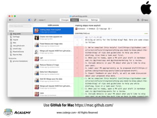 Academy www.codergv.com • All Rights Reserved
Use GitHub for Mac https://mac.github.com/
 