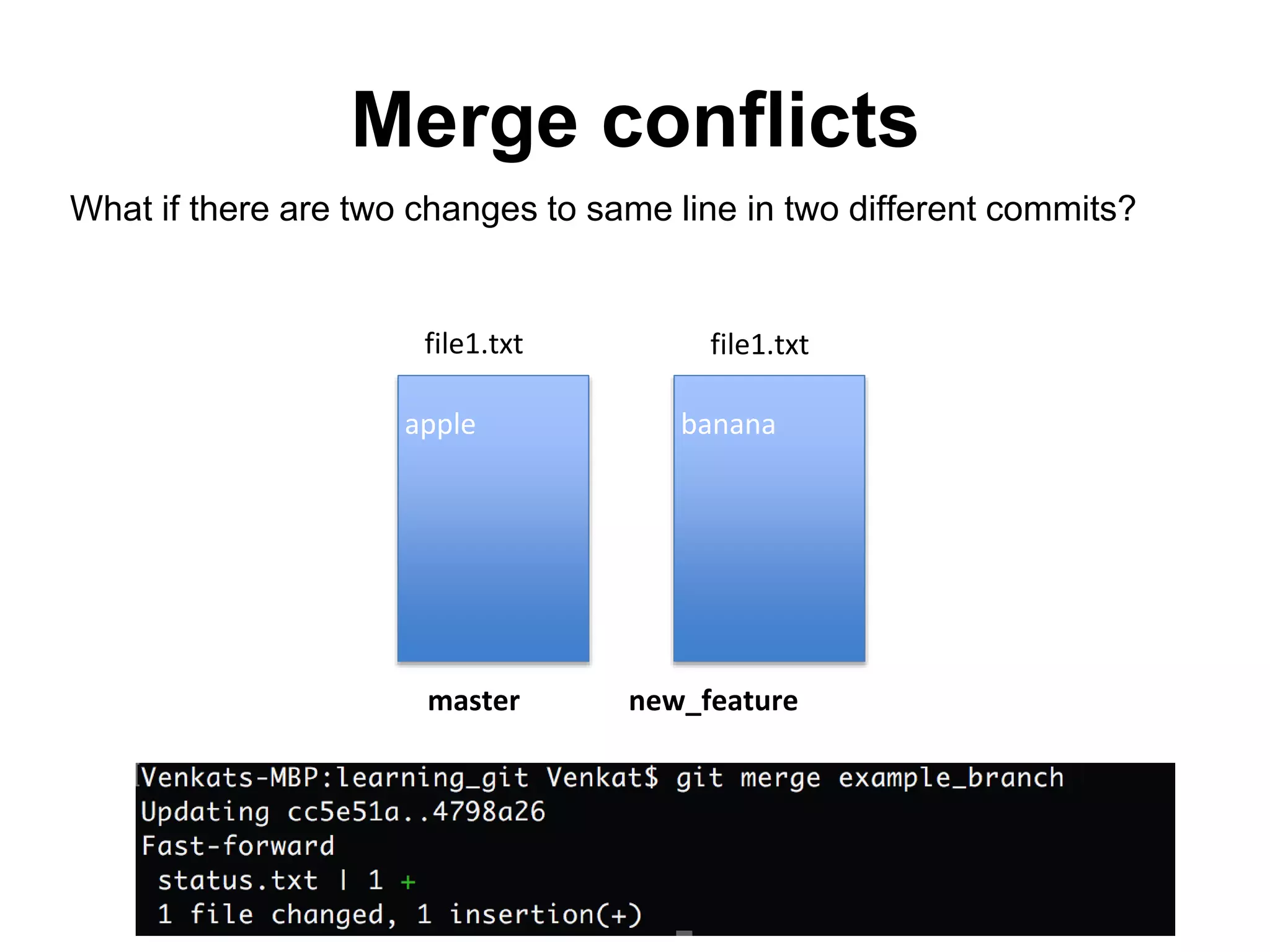 Merge conflicts What if there are two changes to same line in two different commits? apple master new_feature banana file1.txt file1.txt 
