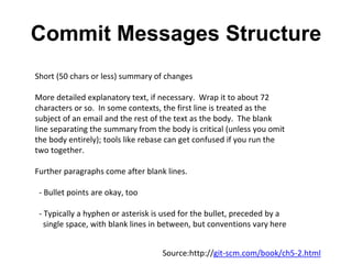 Commit Messages Structure
Short (50 chars or less) summary of changes
More detailed explanatory text, if necessary. Wrap it to about 72
characters or so. In some contexts, the first line is treated as the
subject of an email and the rest of the text as the body. The blank
line separating the summary from the body is critical (unless you omit
the body entirely); tools like rebase can get confused if you run the
two together.
Further paragraphs come after blank lines.
- Bullet points are okay, too
- Typically a hyphen or asterisk is used for the bullet, preceded by a
single space, with blank lines in between, but conventions vary here
Source:http://git-scm.com/book/ch5-2.html
 