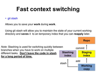 Fast context switching
• git stash
Allows you to save your work during work.
Using git stash will allow you to maintain the state of your current working
directory and saves it to an temporary index that you can reapply later.
Repo
Working
copy
Staging
index
add
commit
stash
Stashing
index
Note: Stashing is used for switching quickly between
branches when you have to work on multiple
different tasks. Don’t leave the code in stash
for a long period of time.
 