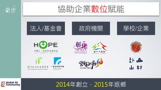 2014年創立，2015年返鄉
法
人
/基
金
會 政府機關 學校/企業
協助企業數位賦能
 