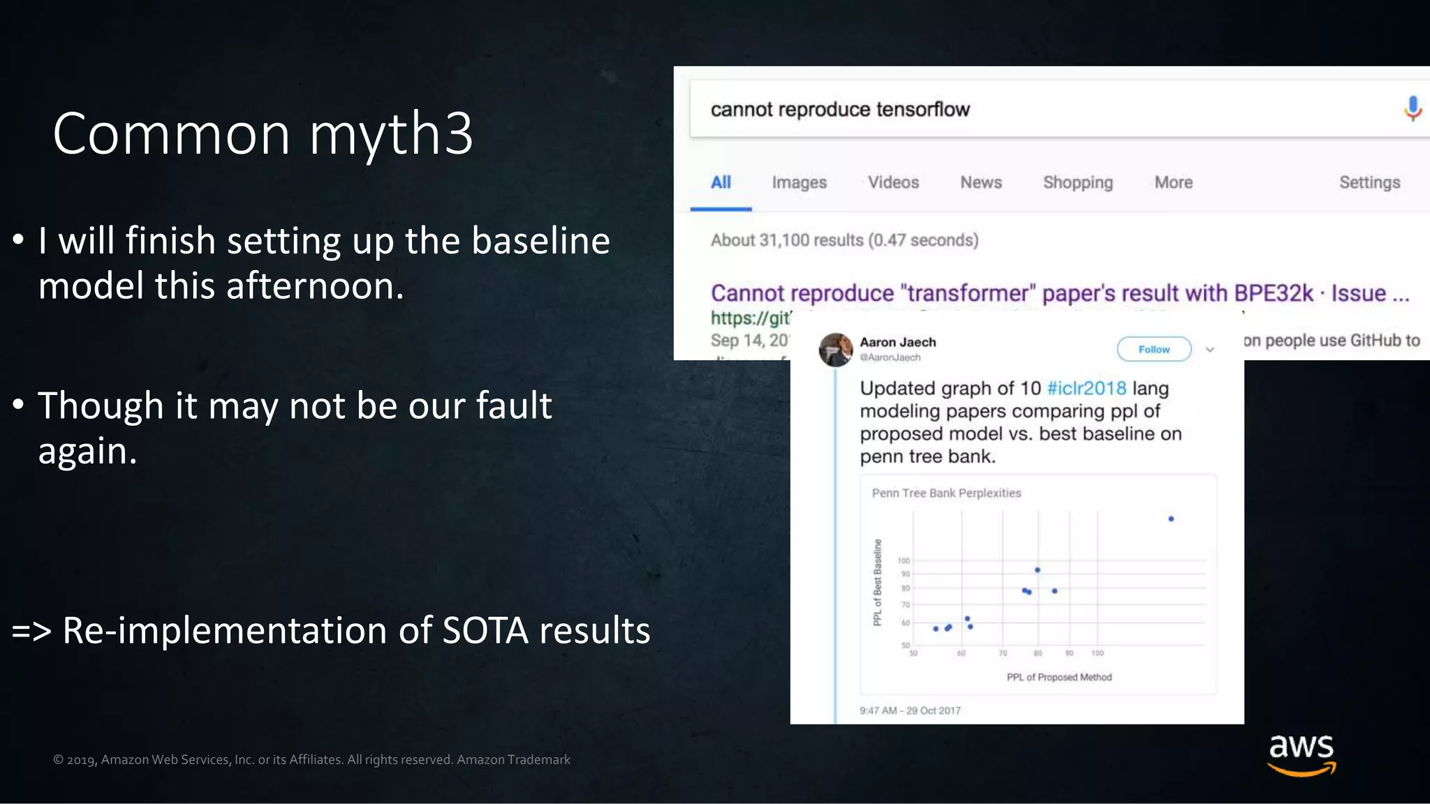 © 2019, Amazon Web Services, Inc. or its Affiliates. All rights reserved. Amazon Trademark
Common myth3
• I will finish setting up the baseline
model this afternoon.
• Though it may not be our fault
again.
=> Re-implementation of SOTA results
 