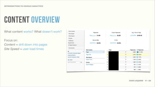 INTRODUCTION TO GOOGLE ANALYTICS




CONTENT OVERVIEW
What content works? What doesn’t work?

Focus on:
Content ≈ drill down into pages
Site Speed ≈ user load times




                                         JOSH LEQUIRE 11 • 20
 