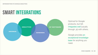 INTRODUCTION TO GOOGLE ANALYTICS




SMART INTEGRATIONS
                                                                    Optimal for Google
                                                                    products, but GA
                         A N A LY T I C S             3P SOFTWARE   integrates well (usually
                                                                    through .js) with others.
       ADSENSE
                                            ADWORDS
                                                                    Google provides an
                                                                    exceptional knowledge-
                                                                    base for anything you
                                                                    need.


                                                                                    JOSH LEQUIRE 18 • 20
 