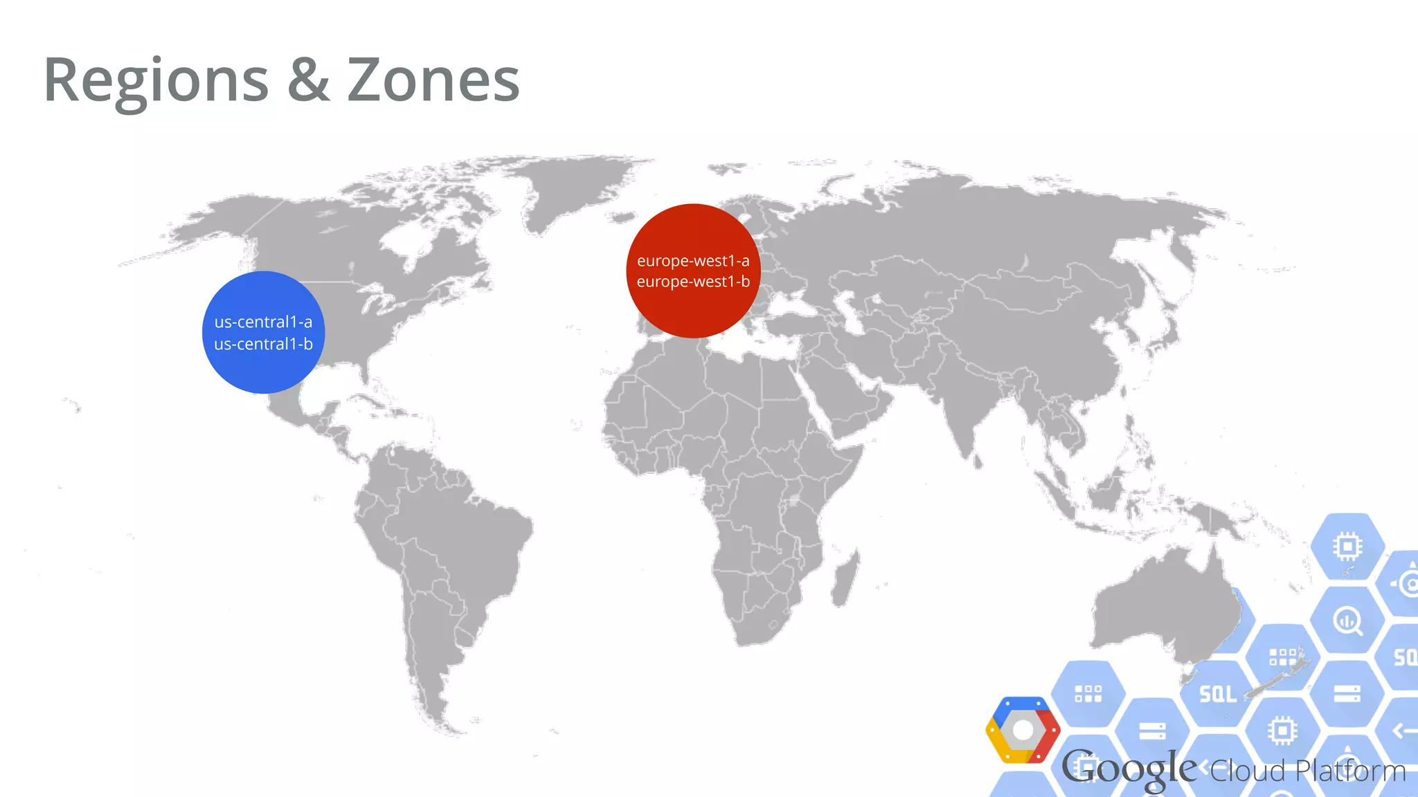 Google Cloud Platform
Regions & Zones
us-central1-a 
us-central1-b
europe-west1-a 
europe-west1-b
 
