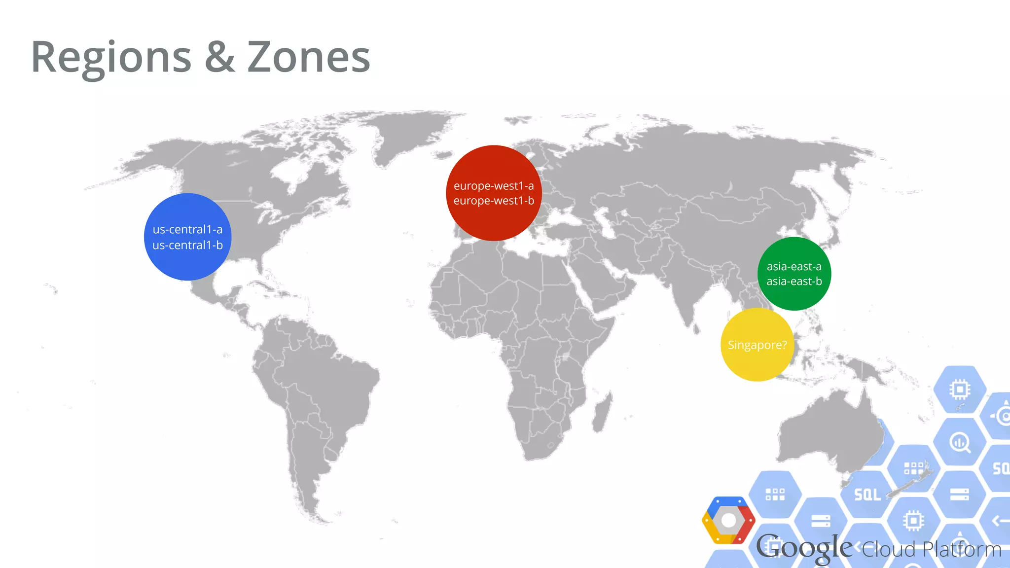 Google Cloud Platform
Regions & Zones
us-central1-a 
us-central1-b
europe-west1-a 
europe-west1-b
Singapore?
asia-east-a 
asia-east-b
 