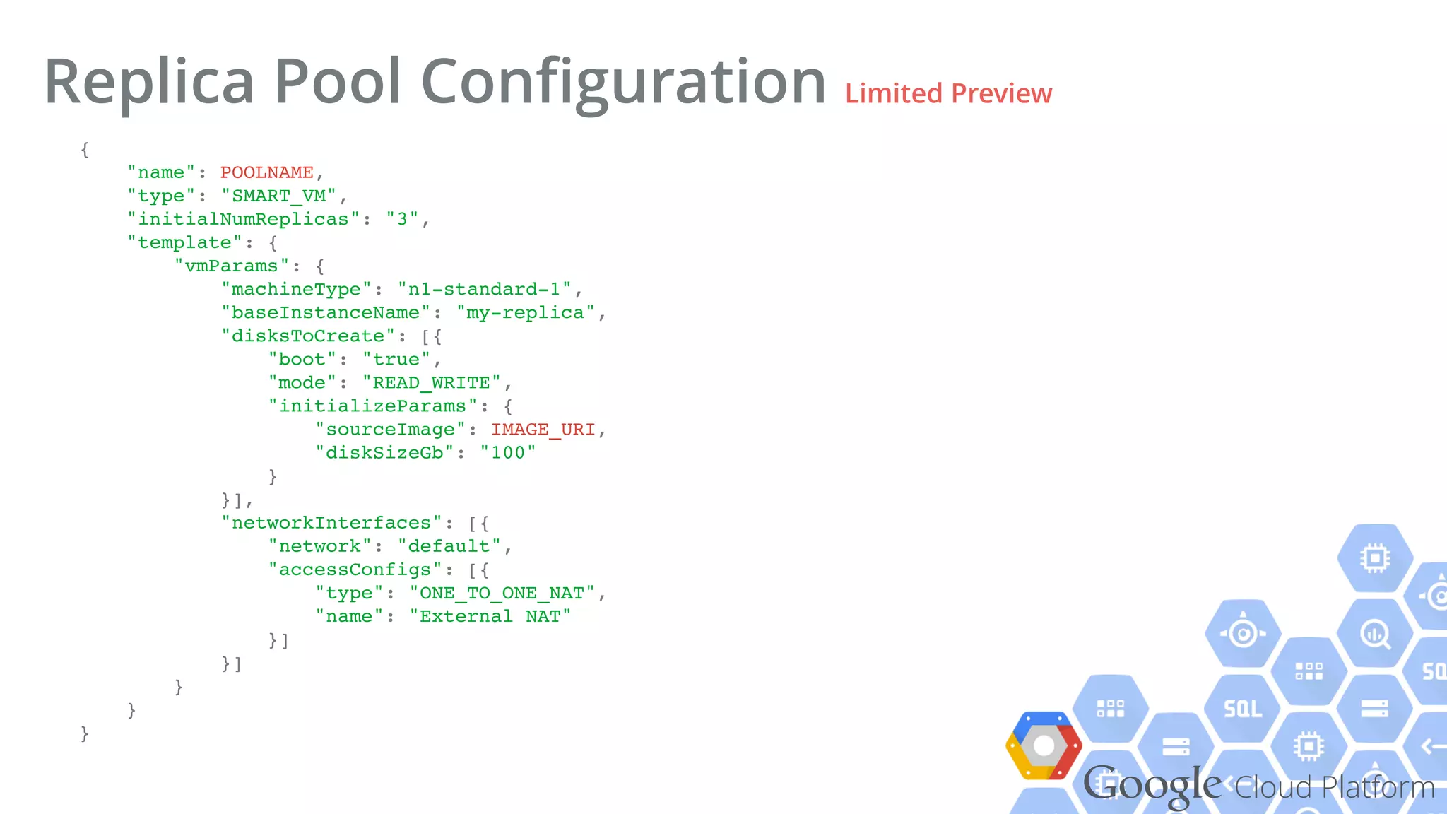 Google Cloud Platform
Replica Pool Conﬁguration Limited Preview
{!
"name": POOLNAME,!
"type": "SMART_VM",!
"initialNumReplicas": "3",!
"template": {!
"vmParams": {!
"machineType": "n1-standard-1",!
"baseInstanceName": "my-replica",!
"disksToCreate": [{!
"boot": "true",!
"mode": "READ_WRITE",!
"initializeParams": {!
"sourceImage": IMAGE_URI,!
"diskSizeGb": "100"!
}!
}],!
"networkInterfaces": [{!
"network": "default",!
"accessConfigs": [{!
"type": "ONE_TO_ONE_NAT",!
"name": "External NAT"!
}]!
}]!
}!
}!
}!
 