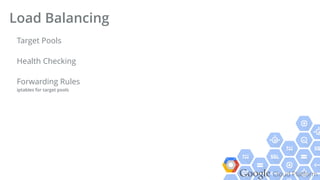 Google Cloud Platform
Target Pools
Health Checking
Forwarding Rules 
iptables for target pools
Load Balancing
 