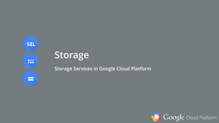 Google Cloud Platform
Storage
Storage Services in Google Cloud Platform
 