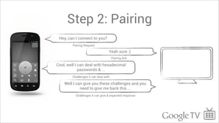 Step 2: Pairing
 Hey, can I connect to you?
         Pairing Request

                                  Yeah sure :)
                                      Pairing Ack

Cool, well I can deal with hexadecimal
             passwords & ...
        Challenges it can deal with

    Well I can give you these challenges and you
             need to give me back this ...
          Challenges it can give & expected response
 