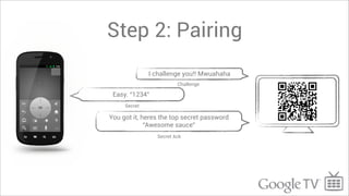 Step 2: Pairing
              I challenge you!! Mwuahaha
                        Challenge

 Easy. “1234”
     Secret

You got it, heres the top secret password
             “Awesome sauce”
                Secret Ack
 
