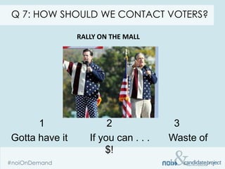 Q 7: HOW SHOULD WE CONTACT VOTERS?

                RALLY ON THE MALL




      1                 2              3
Gotta have it      If you can . . .   Waste of
                       $!
 