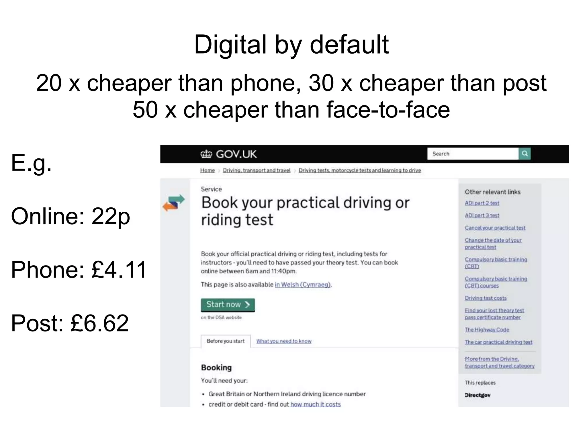 E.g.
Online: 22p
Phone: £4.11
Post: £6.62
Digital by default
20 x cheaper than phone, 30 x cheaper than post
50 x cheaper than face-to-face
 